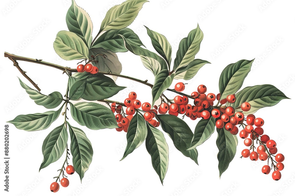 Obraz premium Cherry tree branch with red cherry berries and green foliage on a white isolated background.