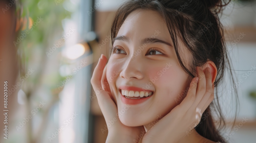 Beauty, skin care, Asian woman with brown ponytail. Both hands touched her face, smiling and looking into the mirror. Beauty, skin care, Asian woman with brown ponytail. Both hands touched her face, smiling and looking into the mirror.