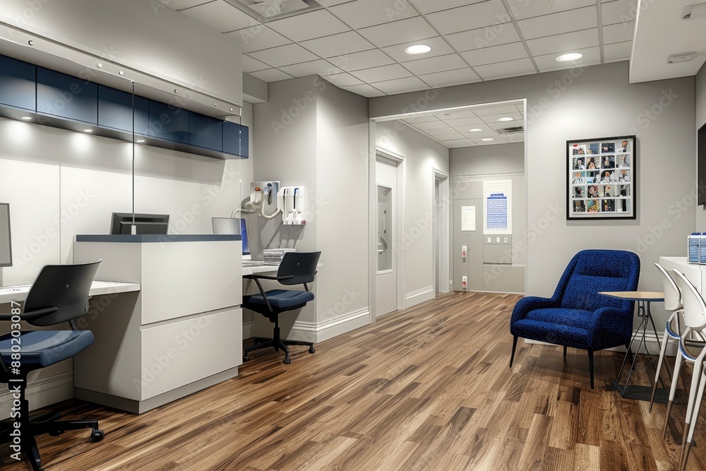 Modern Office Reception Area with a Blue Armchair Modern Office Reception Area with a Blue Armchair