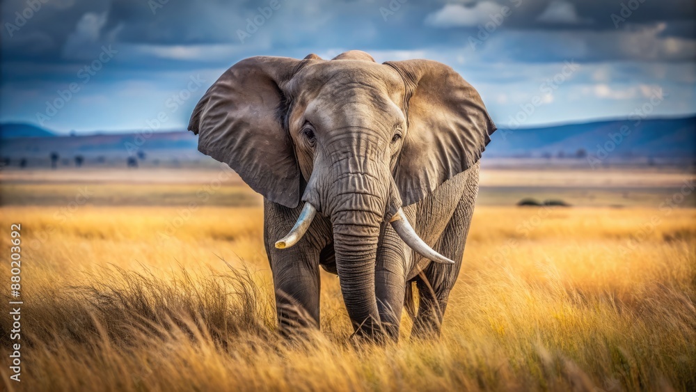 Fototapeta premium Majestic grey elephant with tusks and wrinkles standing alone on a dry savannah grassland with blurred background scenery.
