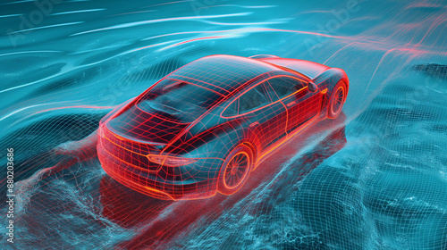 Simulation im Windkanal mit Sprtwagen modernes E-Auto Vision mit Strömungslinien Windwiderstand Generative AI