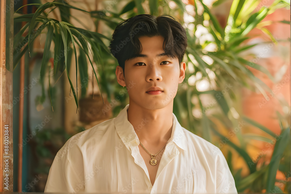 A young man is standing in front of a plant, wearing a white shirt A young man is standing in front of a plant, wearing a white shirt