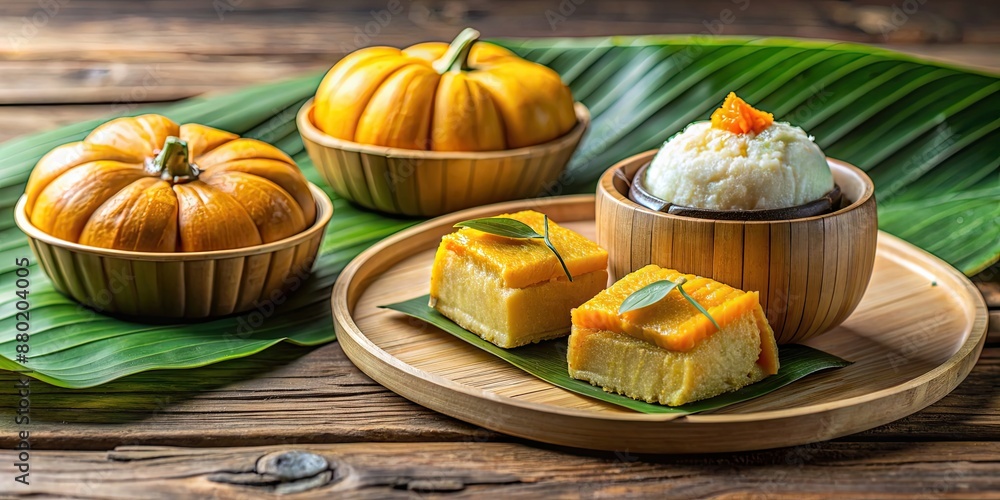 Traditional Thai dessert of Toddy Palm Cake and Steamed Pumpkin , Thai, dessert, Toddy Palm Cake, Steamed Pumpkin Traditional Thai dessert of Toddy Palm Cake and Steamed Pumpkin , Thai, dessert, Toddy Palm Cake, Steamed Pumpkin