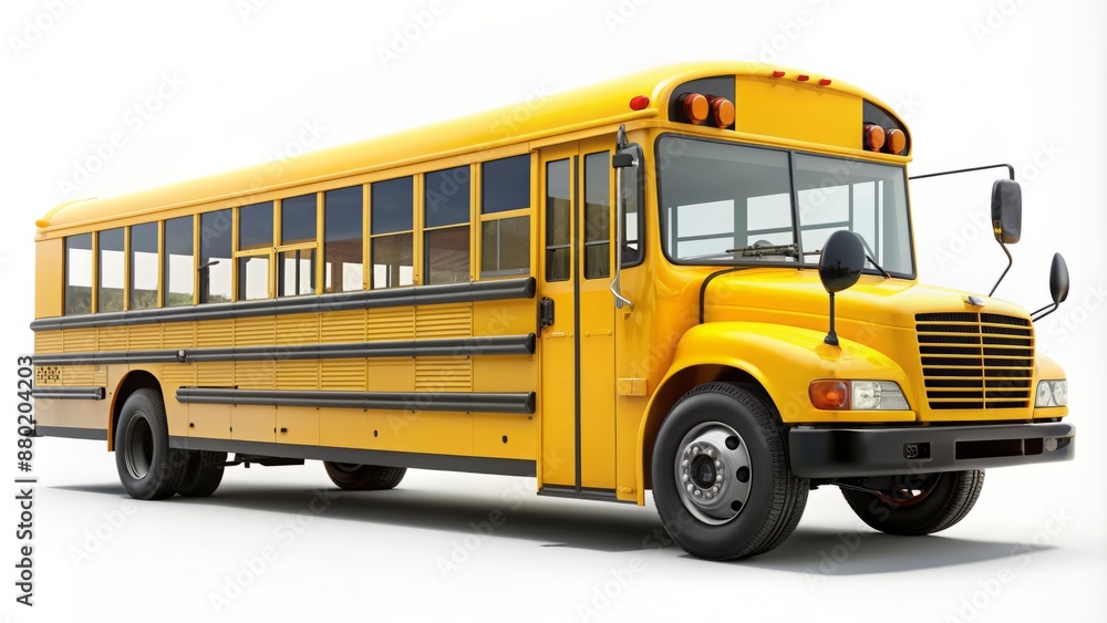 Isolated iconic bright yellow school bus with front, rear, and dual side profiles set against a clean white background. Isolated iconic bright yellow school bus with front, rear, and dual side profiles set against a clean white background.