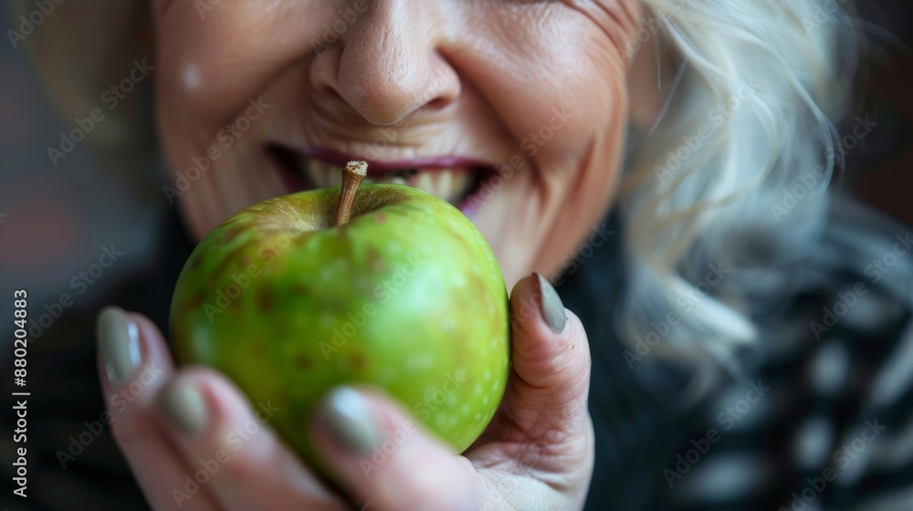 Mature woman smiling cheerfully biting a green apple Mature woman smiling cheerfully biting a green apple