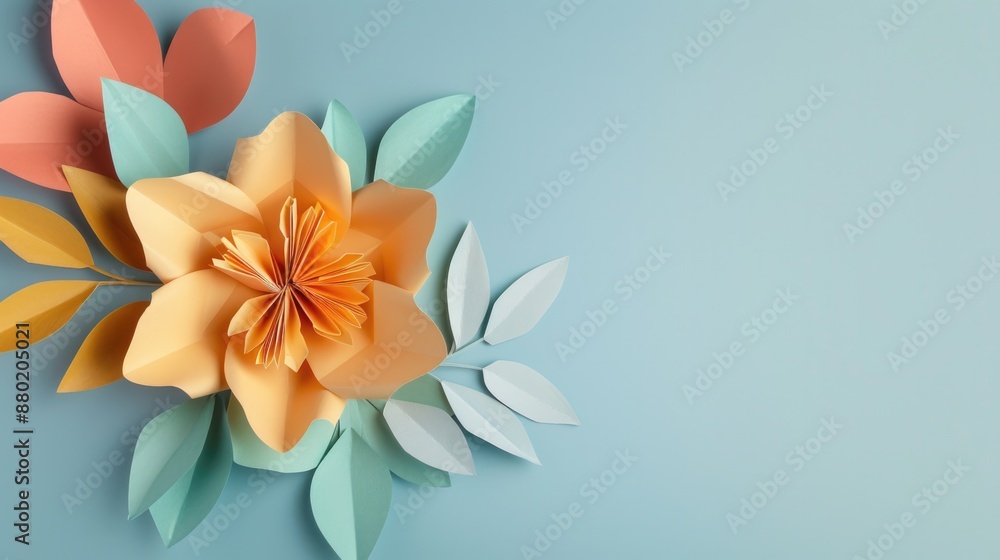 Naklejka premium Paper Flower Greeting Card. Origami Spring Banner with Beautiful Paper Flower Decoration