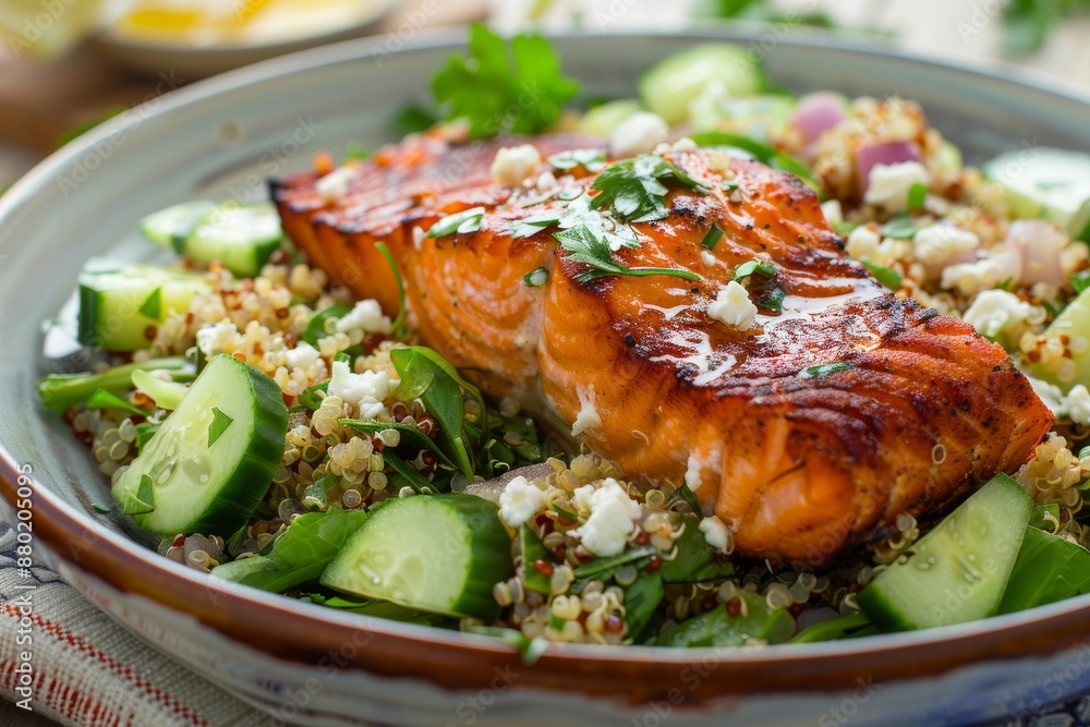 Grilled Salmon with Quinoa, Cucumber and Feta Salad Grilled Salmon with Quinoa, Cucumber and Feta Salad