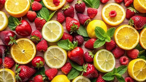Summer fruit background with lemons, strawberries, and raspberries, lemons, strawberries, raspberries, summer, background © Sujid