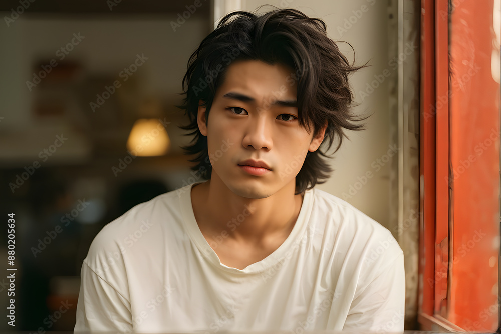 A man with long hair is sitting in front of a red window A man with long hair is sitting in front of a red window