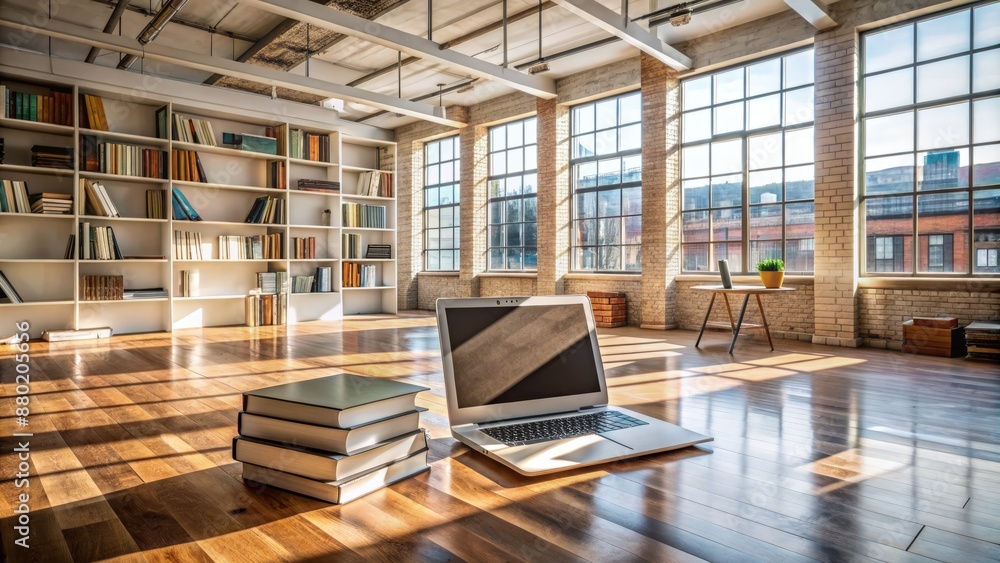 Empty studio space with isolated background, modern laptop computer placed on floor, surrounded by scattered books and notebooks. Empty studio space with isolated background, modern laptop computer placed on floor, surrounded by scattered books and notebooks.