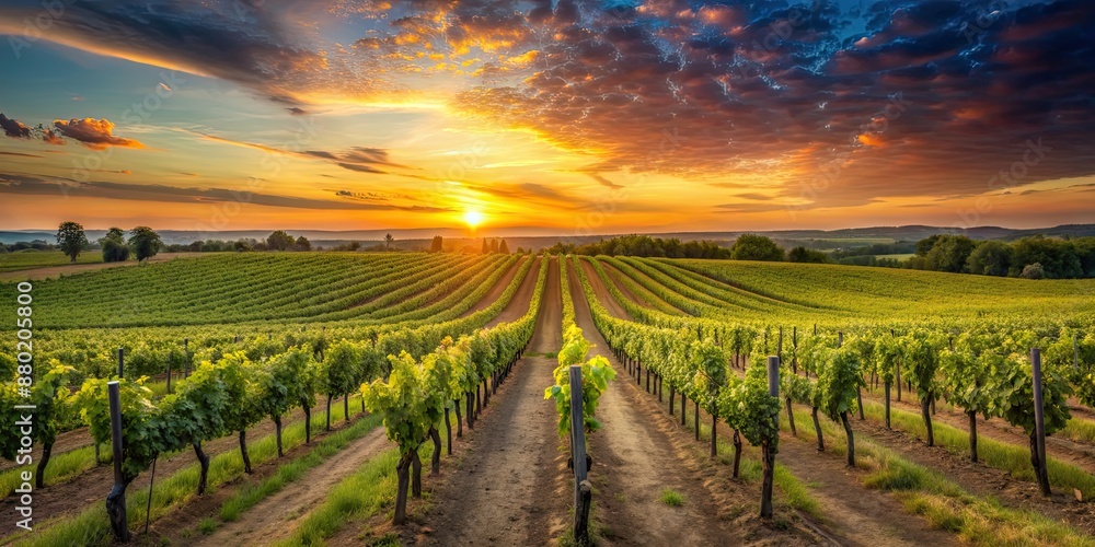Naklejka premium Sunset over a vast vineyard with rows of grapevines stretching into the distance, vineyard, sunset, grapevines, rows, agriculture