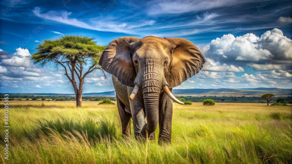 Fototapeta premium Magnificent wild African elephant stands tall in open savannah, surrounded by lush greenery, under a bright blue cloudless sky.