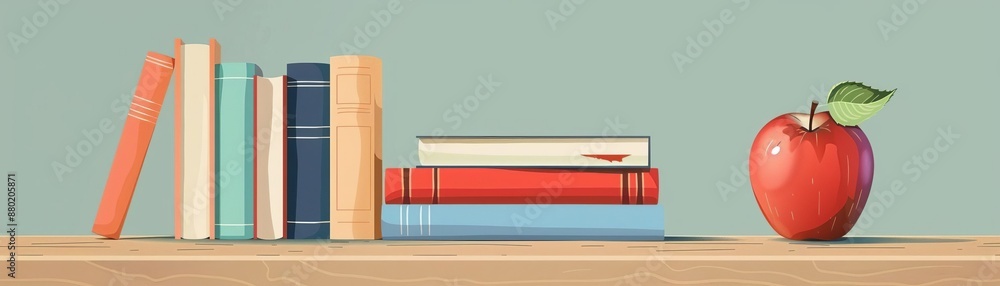 Obraz premium A row of colorful books and a red apple on a wooden shelf against a green background, symbolizing education and learning.