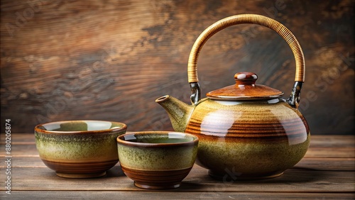 Traditional Hagi ware tea set (kyusu teapot and chawan teacup) featuring elegant earthy tones and textured glaze photo