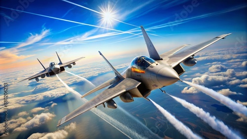 Aggressive twin-engine variable-sweep wing multirole combat aircraft soaring through clear blue sky with contrails streaking behind its sleek fuselage. photo