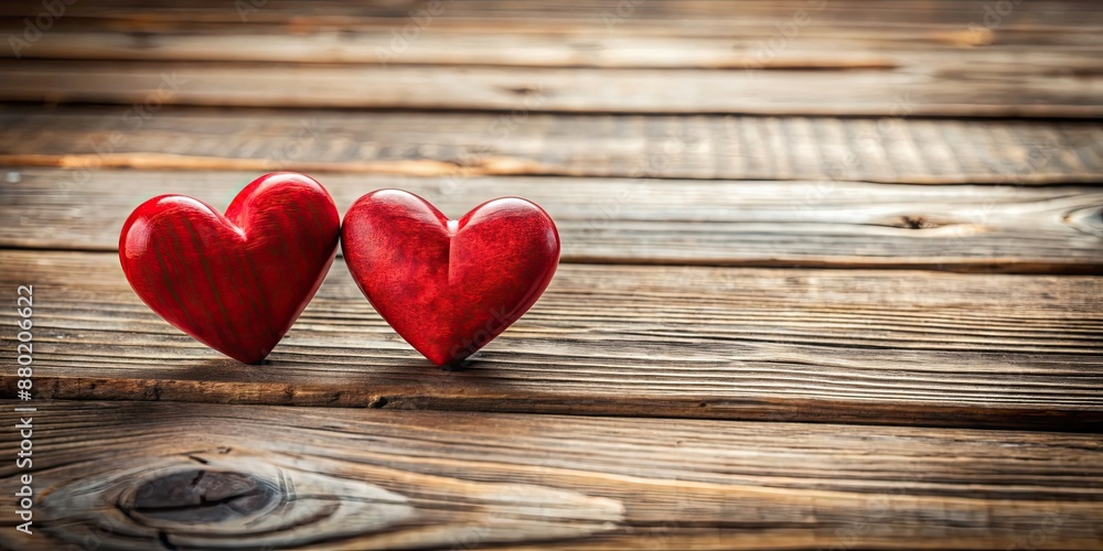Two hearts symbolizing love and connection placed on a rustic wooden table, love, romance, relationship, connection