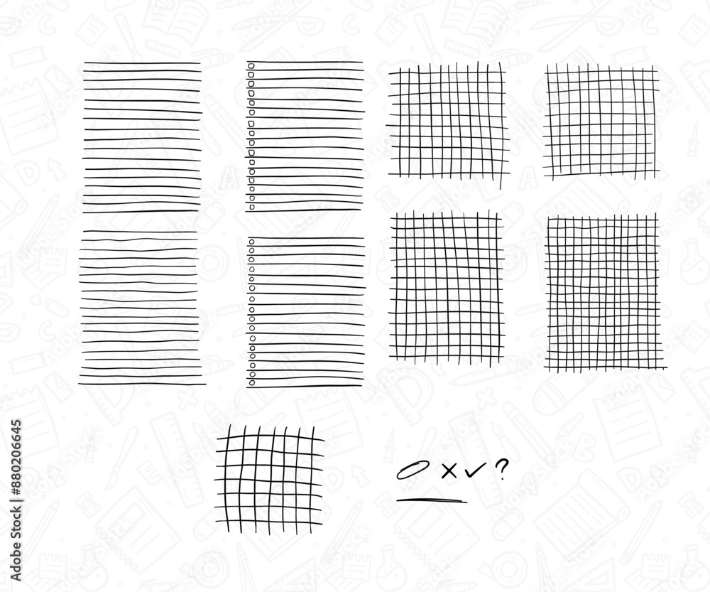 Fototapeta premium doodle line grid and notebook stripe line grid hand drawing collection with check mark, underline, circle stroke, question mark symbol and check list