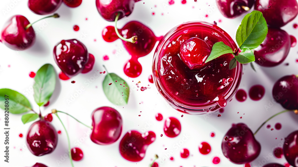 Sour cherry jam jar with fresh sour cherries, leaves, and jam splashes Sour cherry jam jar with fresh sour cherries, leaves, and jam splashes