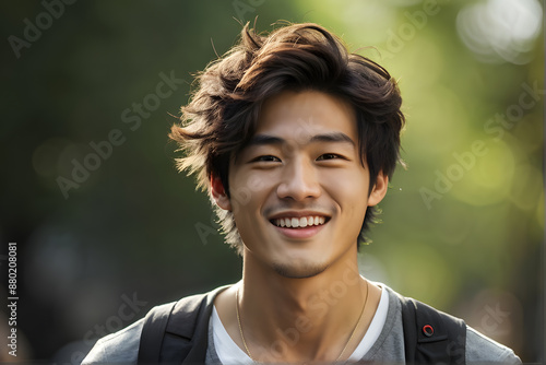 A young man with a backpack and a smile on his face