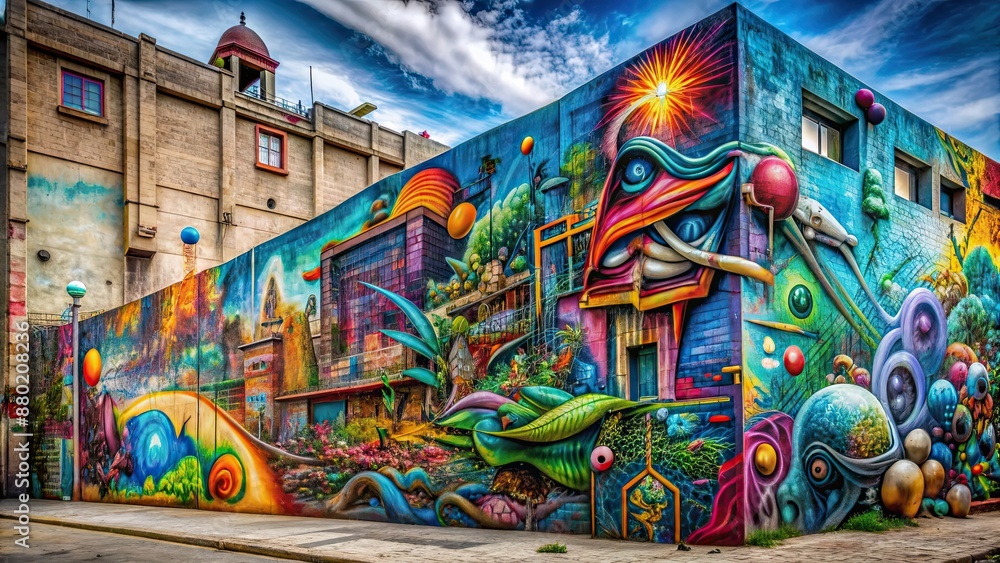 Fototapeta premium Surreal graffiti art on a structured wall, depicting curious and imaginative scenes , surreal, graffiti, art, structured