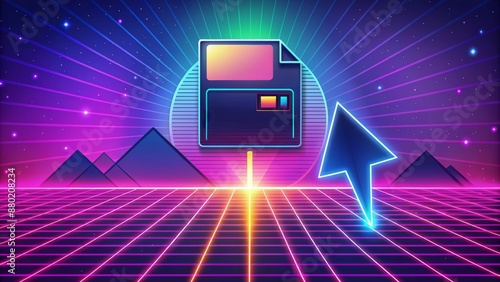 Retrofuturistic vector illustration featuring cursor, pointer, floppy disk, and pixel elements on a neon-colored 90s-inspired background with 8-bit aesthetic. photo