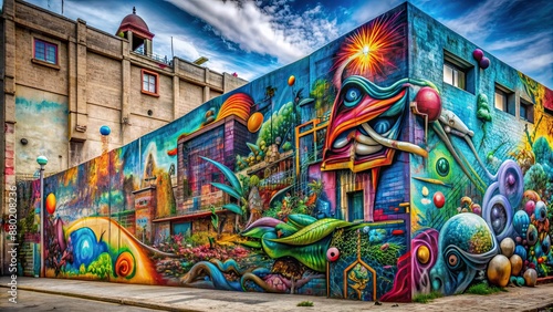 Surreal graffiti art on a structured wall, depicting curious and imaginative scenes , surreal, graffiti, art, structured