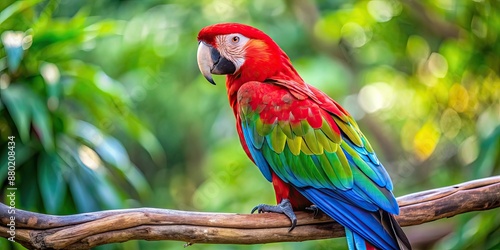 Vibrant green winged macaw with bright plumage sitting on a tree branch , macaw, bird, green, winged, colourful, tropical photo