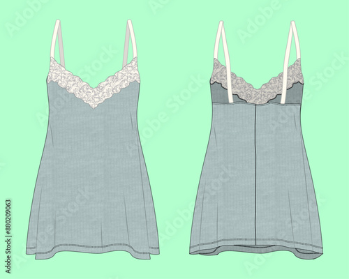ladies nightwear rib fabric lace details tank top for sleepwear fashion illustration flat sketch vector.