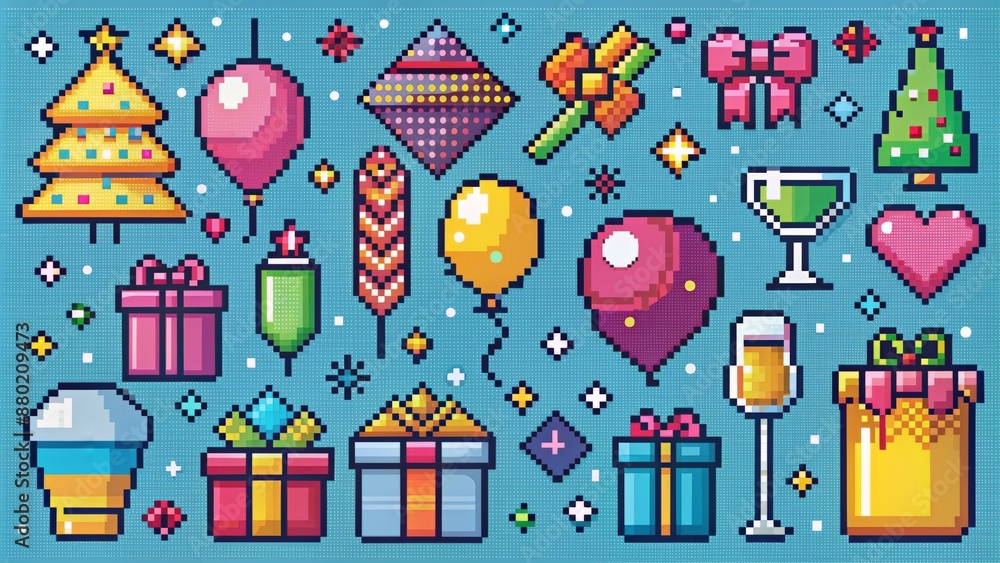 Vibrant, nostalgic 8-bit retro style vector illustration of colorful pixelated party icons, including presents, balloons, and festive elements, exuding a playful 90's aesthetic. Vibrant, nostalgic 8-bit retro style vector illustration of colorful pixelated party icons, including presents, balloons, and festive elements, exuding a playful 90's aesthetic.