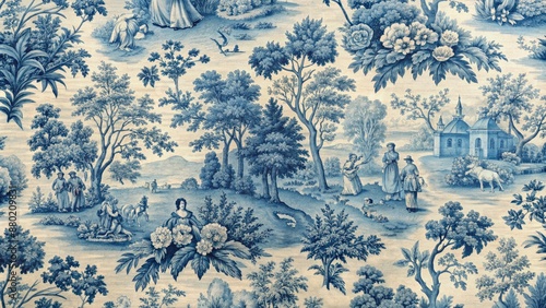 Intricate vintage blue toile design with seamless, repetitive floral motifs, evoking serene pastoral scenes, exuding classic elegance and sophistication.