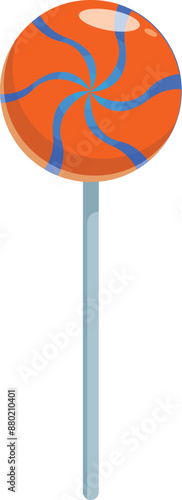 Round orange and blue lollipop with swirls on white stick isolated on white background