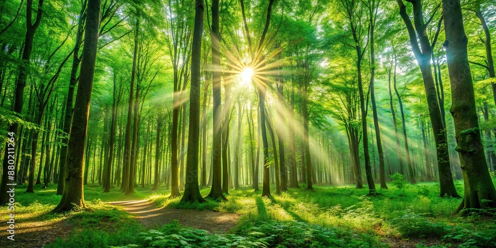 Naklejka premium Sunlight filtering through the trees in a lush green forest, nature, trees, foliage, sunlight, beams, greenery