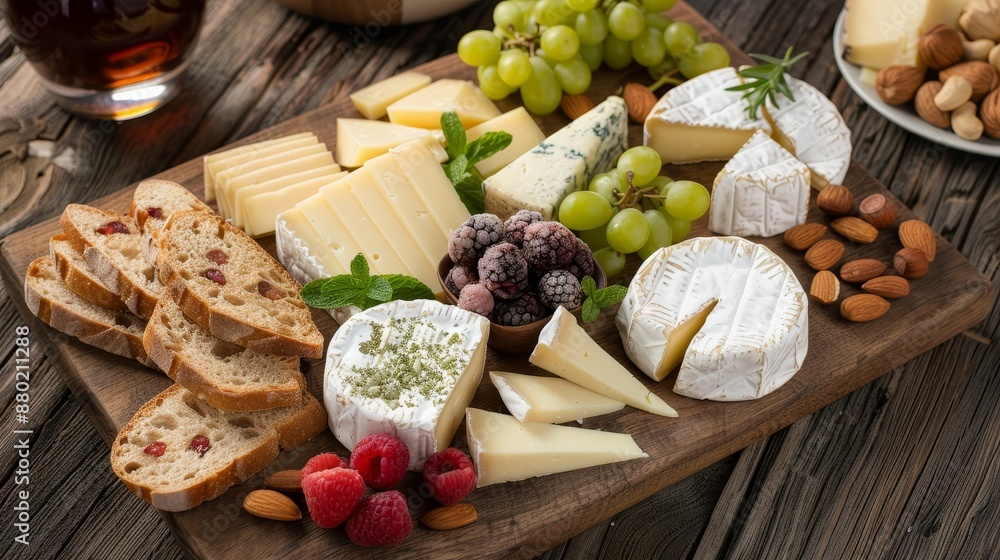 Gourmet cheese board featuring a selection of fine cheeses, fresh fruits, nuts, and artisanal bread, presented on a rustic wooden board with a cozy, homely feel Gourmet cheese board featuring a selection of fine cheeses, fresh fruits, nuts, and artisanal bread, presented on a rustic wooden board with a cozy, homely feel