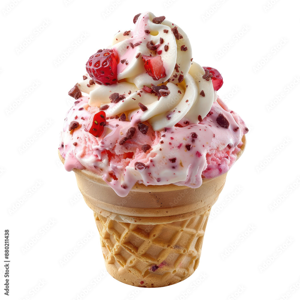 Delicious strawberry ice cream cone topped with fresh strawberries and chocolate shavings, isolated on white background, transparent background Delicious strawberry ice cream cone topped with fresh strawberries and chocolate shavings, isolated on white background, transparent background