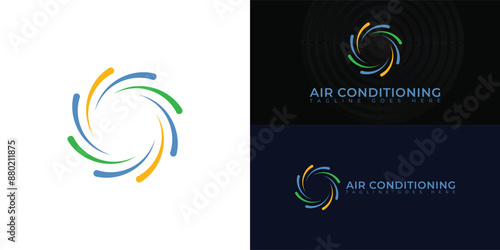 Air conditioning cooling and heating house blower fan icon symbols in multiple colors isolated on multiple background colors. The logo is suitable for air conditioning installation service logo design