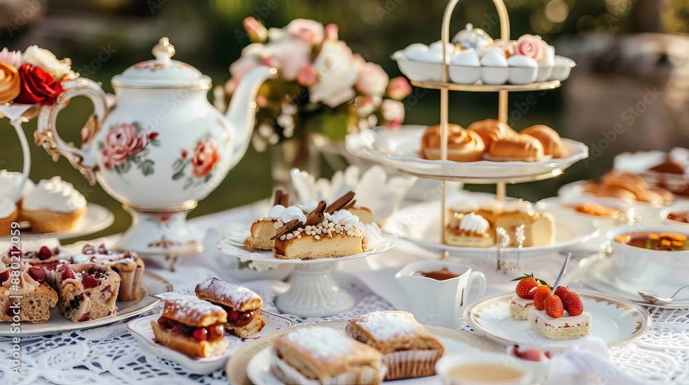 High tea setup with an array of beautifully crafted pastries, floral teapots, and vintage tableware, displayed on a lace-covered table in a sunlit garden High tea setup with an array of beautifully crafted pastries, floral teapots, and vintage tableware, displayed on a lace-covered table in a sunlit garden