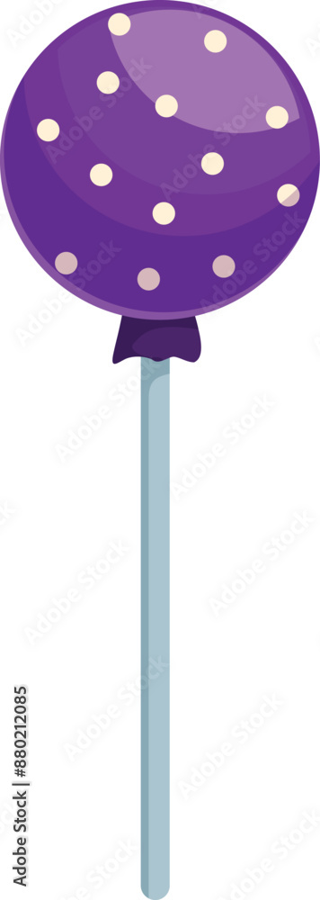 Round purple lollipop with white dots is standing up on a stick on a white background Round purple lollipop with white dots is standing up on a stick on a white background