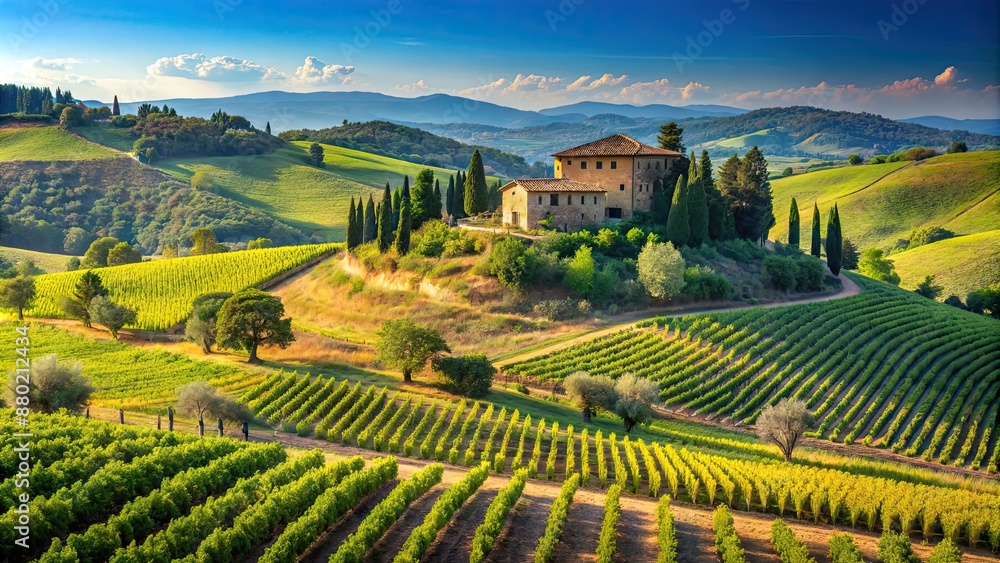Fototapeta premium Sunny landscape from Tuscany with fields, hills, vineyards, and stone villa under a clear blue sky, Tuscany, landscape