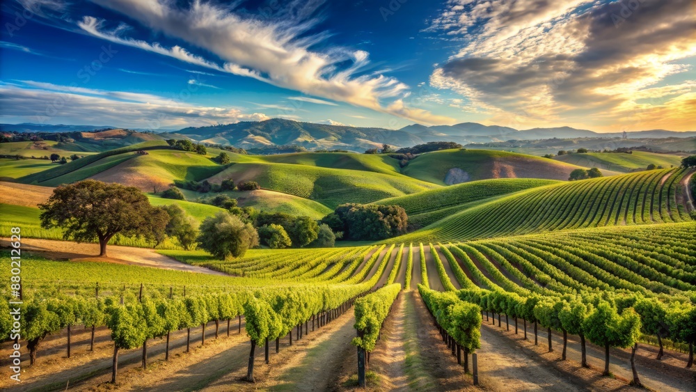 Luxurious rolling hills of luscious green grapevines stretch towards the horizon under azure skies in California's renowned Paso Robles wine country. Luxurious rolling hills of luscious green grapevines stretch towards the horizon under azure skies in California's renowned Paso Robles wine country.