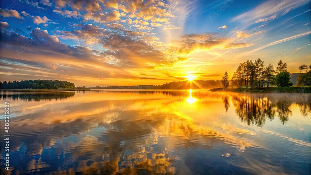 Fototapeta premium Serene sunrise casting a golden glow over a tranquil lake, serene, sunrise, tranquil, lake, calm, reflection, water, nature