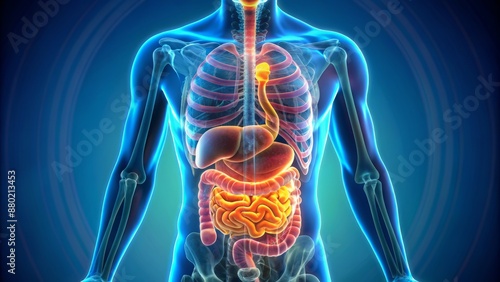 Animated 3D illustration of digestive system organs and functions in motion showcasing stomach acid breakdown and nutrient absorption process.