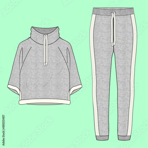 ladies nightwear grey marl fleece raglan funnel neck sweatshirt and cuff jogger for sleepwear fashion illustration flat sketch vector. 