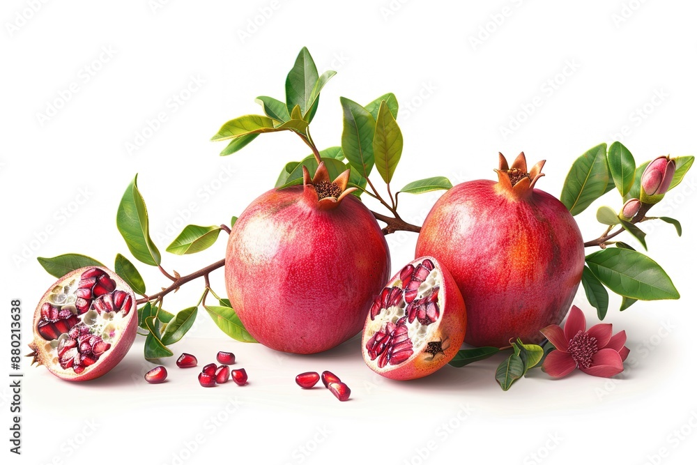 Watercolor illustration. Composition of two pomegranates with seeds and leaves.