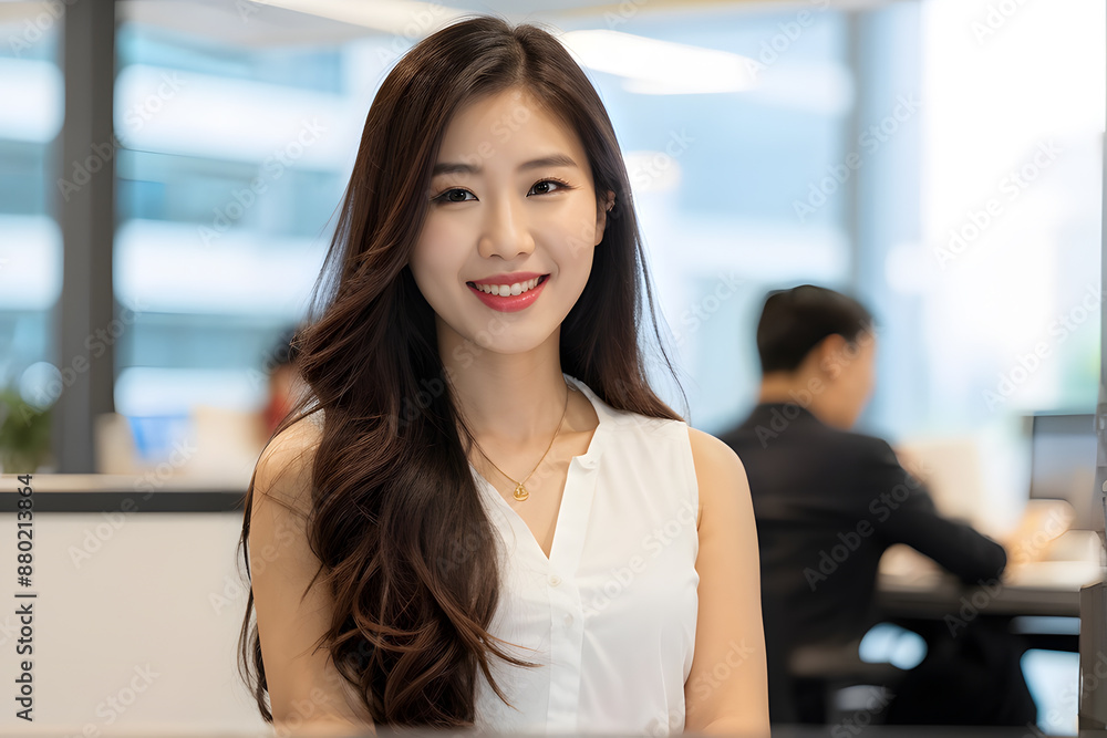 A woman with long hair and a gold necklace is smiling at the camera A woman with long hair and a gold necklace is smiling at the camera