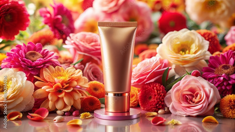 Elegant rose gold skincare tube positioned on a delicate pink platform surrounded by vibrant red and yellow blooming flowers. Elegant rose gold skincare tube positioned on a delicate pink platform surrounded by vibrant red and yellow blooming flowers.