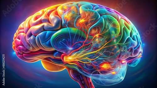 Vibrant colorful digital illustration of human brain anatomy showcasing cerebrum hemispheres cerebral cortex basal ganglia and brainstem in detail. photo