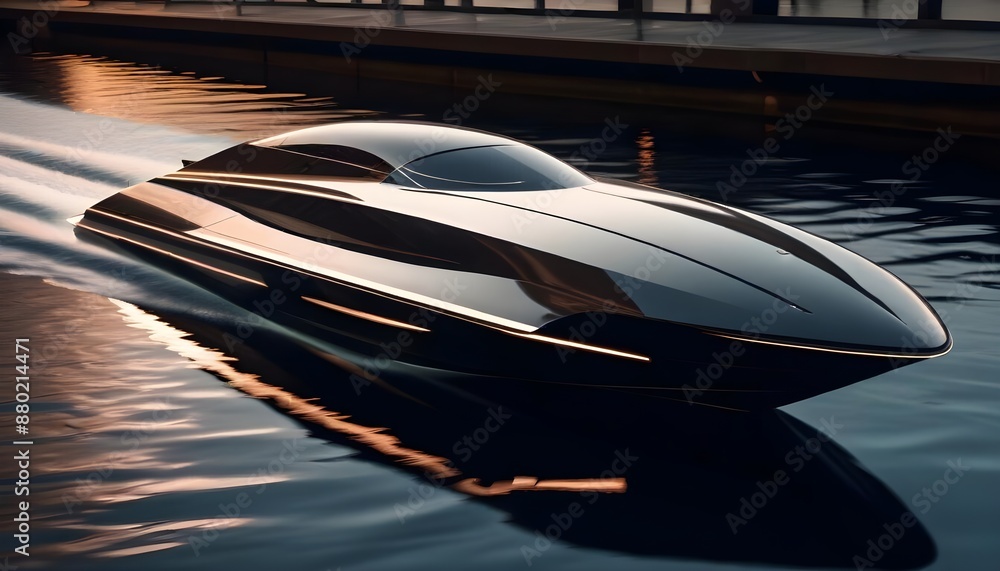 A sleek, black speedboat glides across calm water as the sun sets in the background A sleek, black speedboat glides across calm water as the sun sets in the background