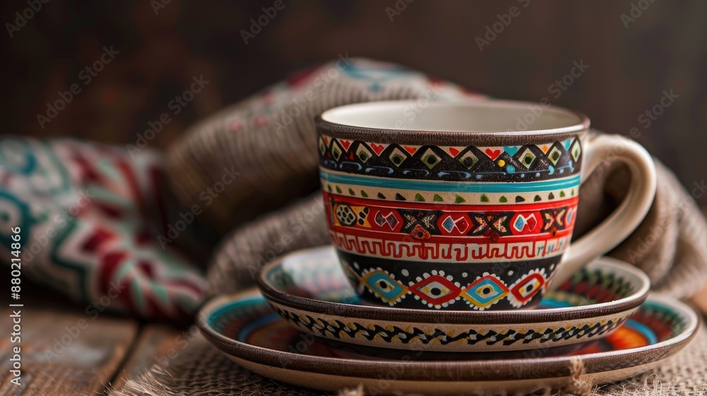 Stylish ethnic cup and saucer set with patterns Stylish ethnic cup and saucer set with patterns