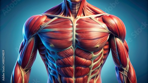 Detailed illustration of human torso's muscular system showcasing pectoral muscles anatomy with precise labeling and vibrant colors. photo