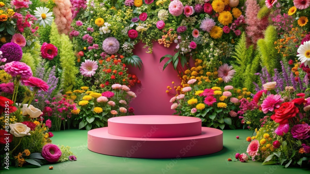 Fototapeta premium Vibrant pink platform surrounded by lush colorful flowers and greenery, providing ample space for product placement against a clean background.